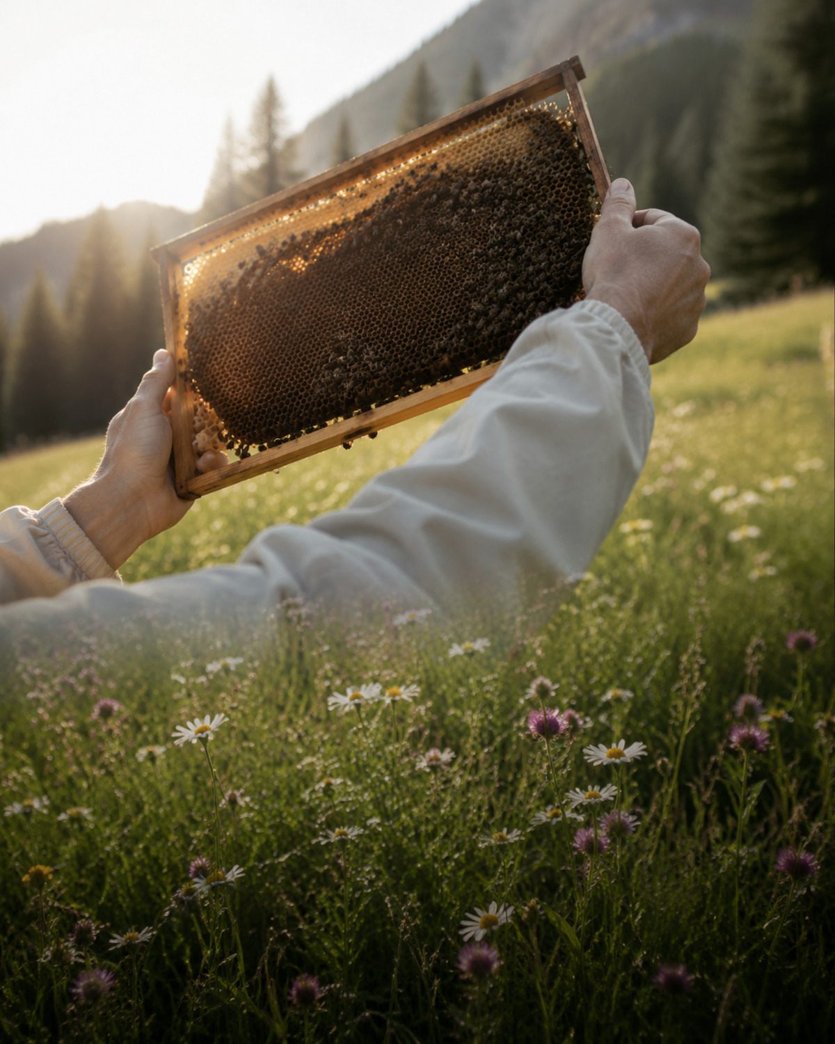Imker hält ein Bienenrähmchen vor eine blühende Bergwiese im Morgenlicht