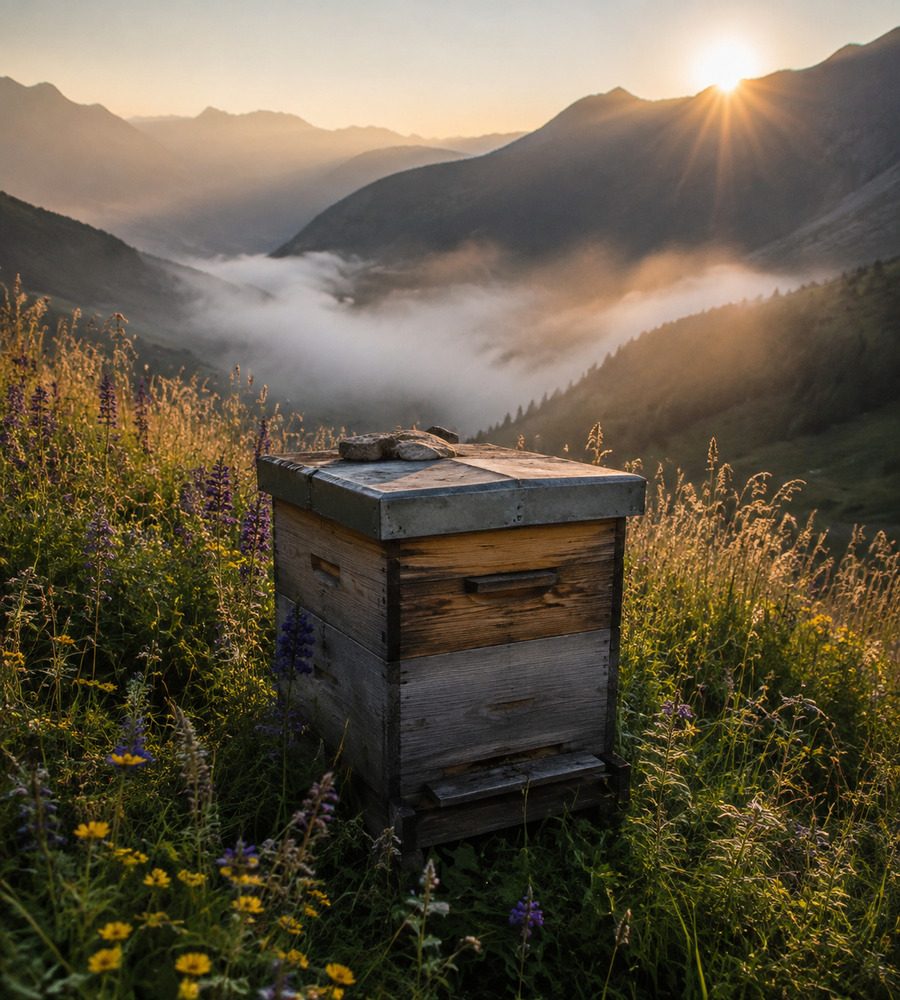 Einzelne Holzbeute auf einer blühenden Bergwiese im Morgennebel