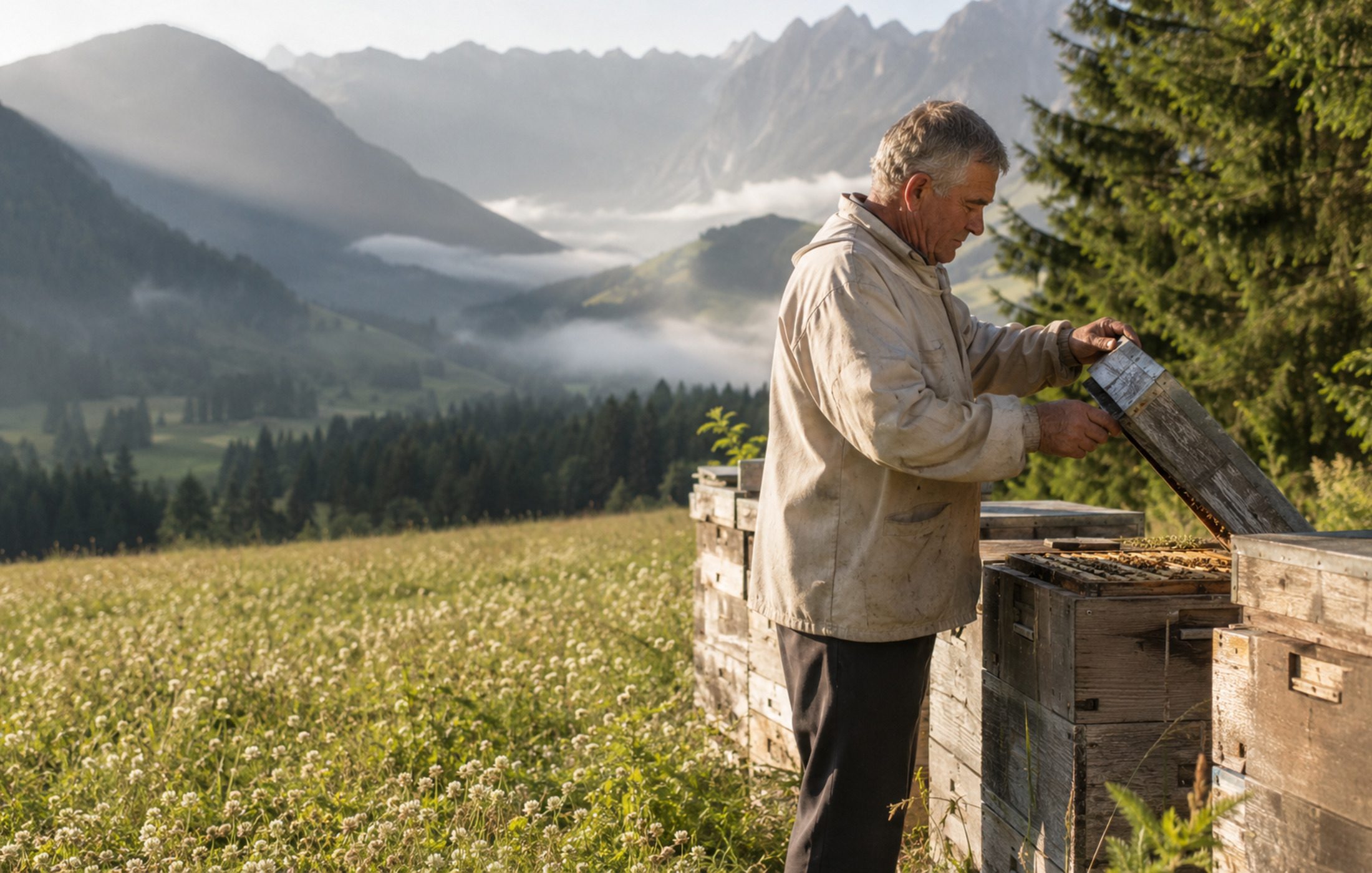 Imker öffnet eine Beute auf einer Almwiese, im Hintergrund ein Bergtal im Morgennebel