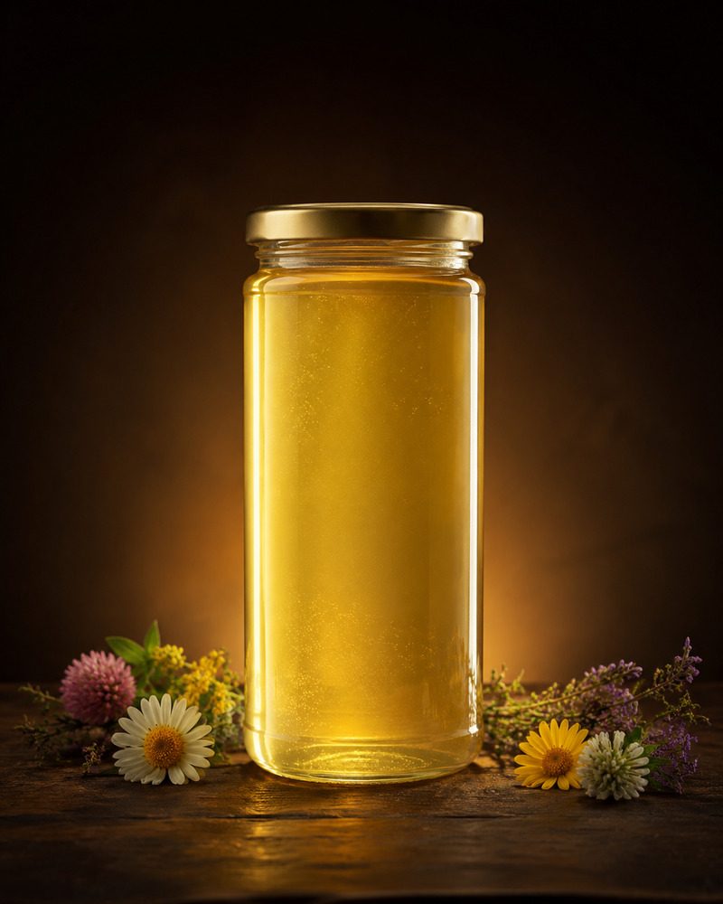 Glas mit hellgoldenem Bergblütenhonig im Gegenlicht