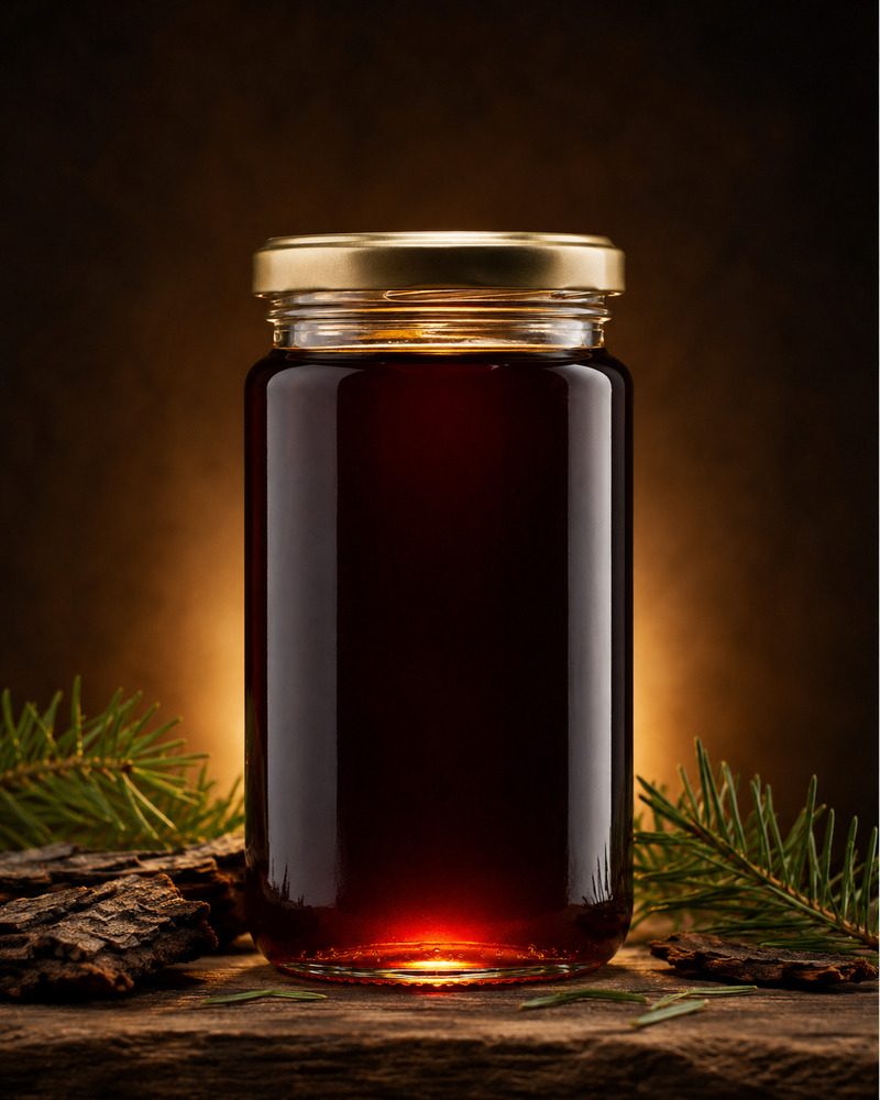 Glas mit sehr dunklem Bergwald- und Tannenhonig