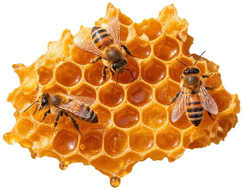 Stück goldene Honigwabe mit drei Honigbienen